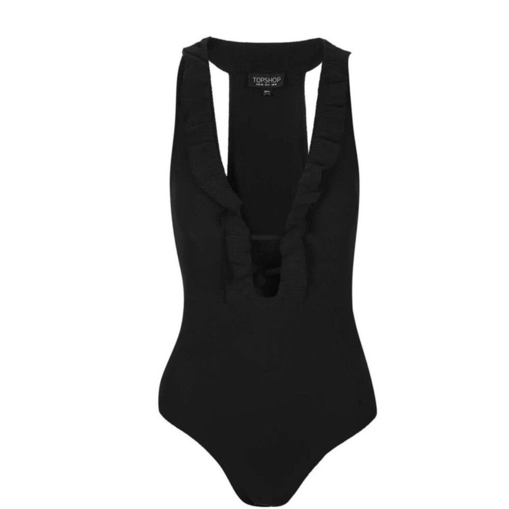 Topshop Ruffle Plunge Cut Black Bodysuit